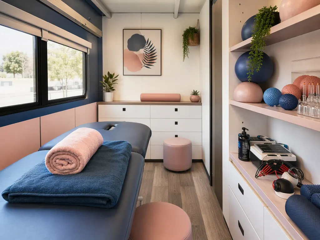 Interior de la Clínica Móvil SAZU con camilla y equipamiento fisioterapéutico
